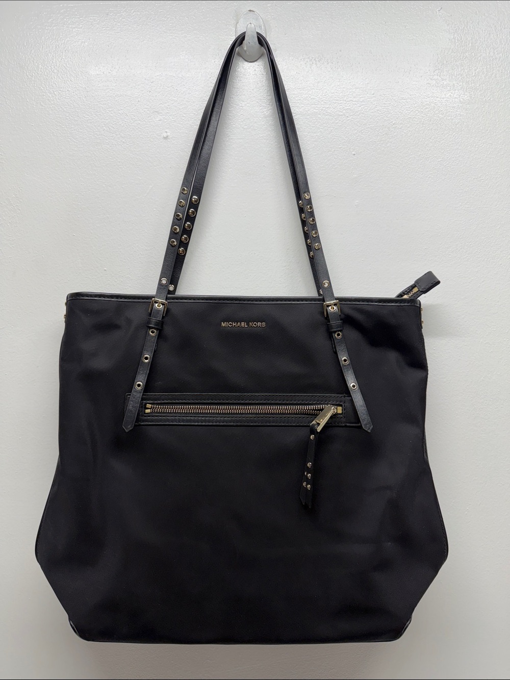 Michael Kors Leila Tote Bag Double Strap Shoulder Purse Nylon Stud Black Gold